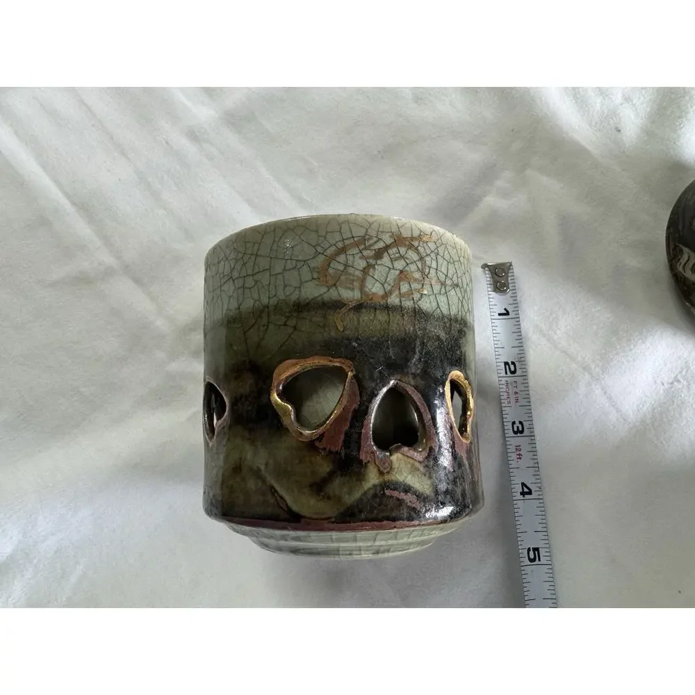 Vintage Japanese Somayaki Somamare 5 piece Tea Set Green Crackle Glaze Gold